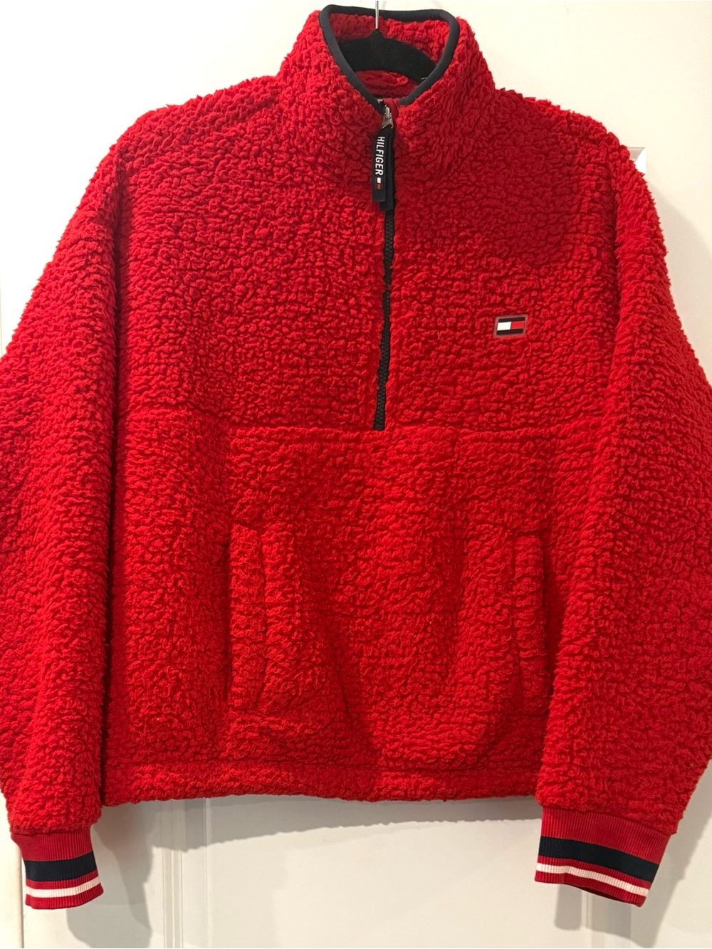 Tommy Hilfiger Red Sherpa Quarter-Zip Pullover Sweater